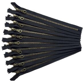 YKK Antique Brass Metal Zippers in Black with Donut Pulls 6 Inch Number 5 Set of 12 Pieces by Craftbot