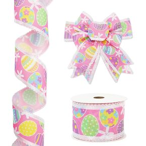 Easter Lace Wired Edge Ribbon Colorful Egg Floral Craft Ribbon 2.5 Inch Cute Pink Fabric Ribbon for Spring Wreath Bow DIY Wrapping Party Decor, 12 Yard