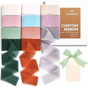 Handmade Chiffon Ribbon 1'' x 22 Yds (11 Assorted Colors) Frayed Ribbons with Gift Tags for Wedding Supplies Boho Style Gift Wrapping Party Holiday Decor Florist Bouquet Accessories Crafts