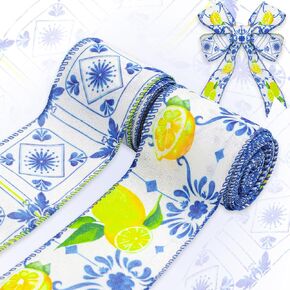 2 Rolls Blue Tiles Lemons Wired Edge Ribbon, 12 Yards Lemon Pattern Ribbons Blue Tiles Lemons Decorative Ribbon for Summer Party Decoration Fruit Themed Bow Wreath Making DIY Crafts