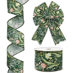 Vintage Floral Wired Edge Ribbon Green Flower Craft Ribbon Retro Plant Decorative Fabric Ribbon for DIY Crafts Wreath Bow Making, 12 Yards