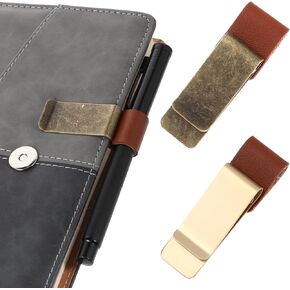 2 Pcs Pen Loop for Notebook, PU Leather Retro Pen Clips Metal Pen Loop Holder Notebook Pen Sleeve Pen Clips for Journal Notebook Planner Clipboard Office (Black Silver + Brown Gold)