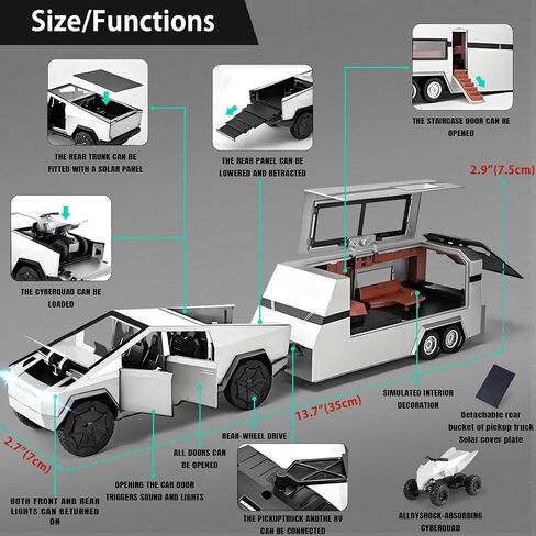 1/32 Pickup Trailer RV Model Kit, Car Model Diecast Metal Toy,Truck Model Simulation Sound Light,Toy Trucks with RV Motor,Best Gift for Kids or Model car Collectors(Black) in Saudi Arabia