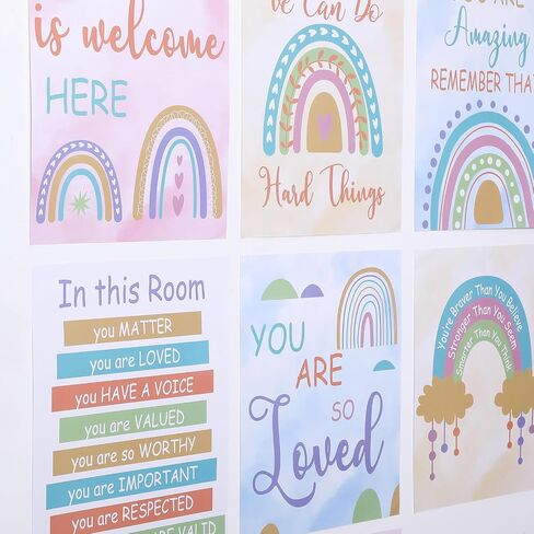 Nezyo 12 Pcs Rainbow Classroom Decor Boho Poster Bulletin Board Decorations Welcome Sign Inspirational Wall Art Motivational Poster for Classroom Nursery Decor, 11 x 14 Inch(Pastel Color) in Saudi Arabia