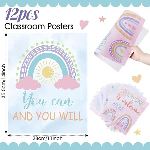 Nezyo 12 Pcs Rainbow Classroom Decor Boho Poster Bulletin Board Decorations Welcome Sign Inspirational Wall Art Motivational Poster for Classroom Nursery Decor, 11 x 14 Inch(Pastel Color) in Saudi Arabia