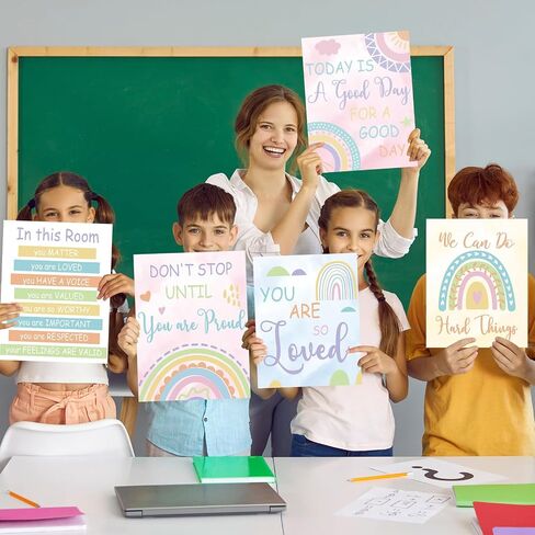 Nezyo 12 Pcs Rainbow Classroom Decor Boho Poster Bulletin Board Decorations Welcome Sign Inspirational Wall Art Motivational Poster for Classroom Nursery Decor, 11 x 14 Inch(Pastel Color) in Saudi Arabia