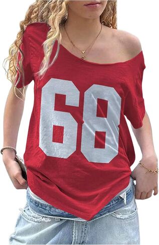 Women's Jersey Y2K Graphic One Shoulder Number Print Streetwear T Shirts Short Sleeve Loose Casual Tee Tops in Saudi Arabia