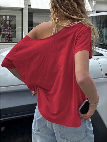 Women's Jersey Y2K Graphic One Shoulder Number Print Streetwear T Shirts Short Sleeve Loose Casual Tee Tops in Saudi Arabia