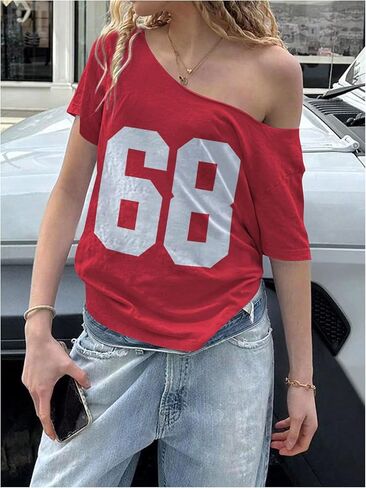 Women's Jersey Y2K Graphic One Shoulder Number Print Streetwear T Shirts Short Sleeve Loose Casual Tee Tops in Saudi Arabia