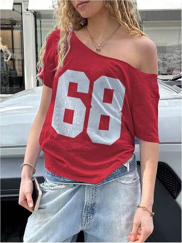 Women's Jersey Y2K Graphic One Shoulder Number Print Streetwear T Shirts Short Sleeve Loose Casual Tee Tops in Saudi Arabia