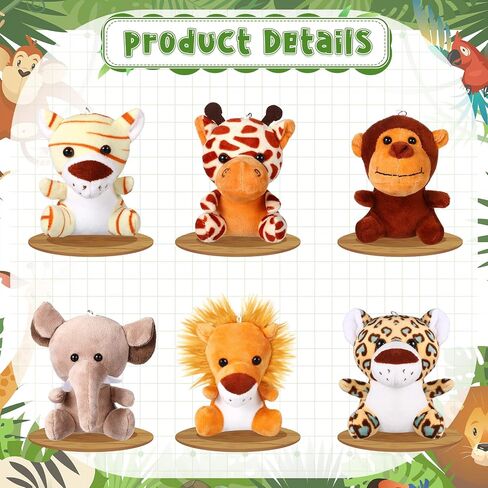 HyDren 18 Pcs Small Safari Stuffed Animals Bulk 4.8 Inch Jungle Animal Mini Plush Toy Lion Tiger Elephant Giraffe Leopard Monkey Figures for Summer, Baby Shower, Birthday Party(Lovely Style) in Saudi Arabia