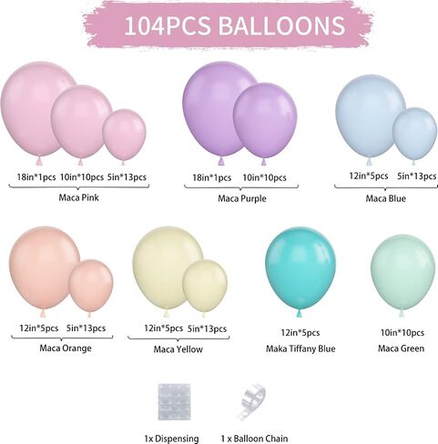 Biapian Pastel Balloon Arch, 104PCS Rainbow Balloon Garland With 18/12/10/5 Inch Different Sizes Macaron Pink Blue Purple Party Latex Balloon for Birthday Baby Shower Wedding Party Decorations in Saudi Arabia