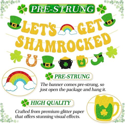 دعونا نحصل على شاميروكس راية سعيدة ديكورات عيد القديس باتريك كلوفر شامروك جارلاند بريق الذهب الأيرلندي القديس باتريك يوم العطلة لوازم حفلة العطلات in Kuwait