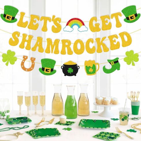 دعونا نحصل على شاميروكس راية سعيدة ديكورات عيد القديس باتريك كلوفر شامروك جارلاند بريق الذهب الأيرلندي القديس باتريك يوم العطلة لوازم حفلة العطلات in Kuwait