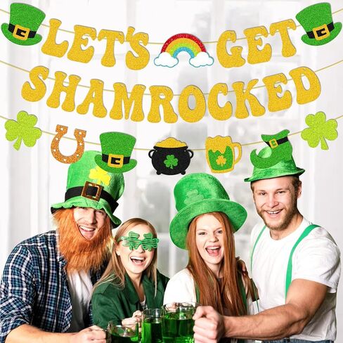 دعونا نحصل على شاميروكس راية سعيدة ديكورات عيد القديس باتريك كلوفر شامروك جارلاند بريق الذهب الأيرلندي القديس باتريك يوم العطلة لوازم حفلة العطلات in Kuwait