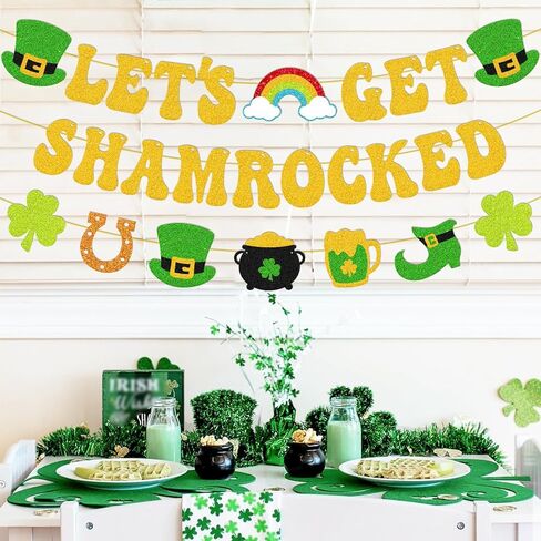 دعونا نحصل على شاميروكس راية سعيدة ديكورات عيد القديس باتريك كلوفر شامروك جارلاند بريق الذهب الأيرلندي القديس باتريك يوم العطلة لوازم حفلة العطلات in Kuwait