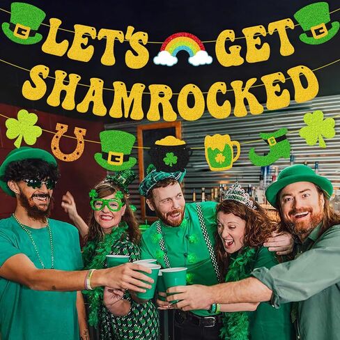 دعونا نحصل على شاميروكس راية سعيدة ديكورات عيد القديس باتريك كلوفر شامروك جارلاند بريق الذهب الأيرلندي القديس باتريك يوم العطلة لوازم حفلة العطلات in Kuwait