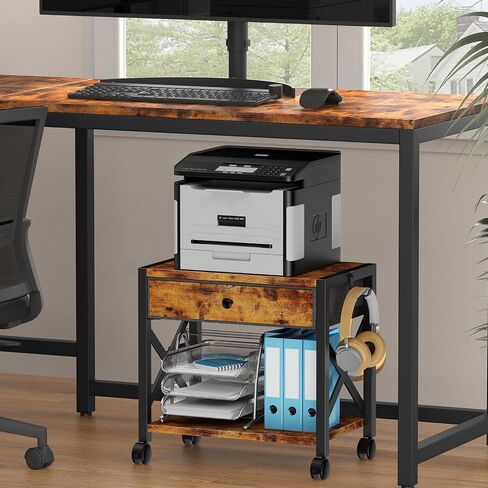 EasyCom 2-Tier Desktop Printer Stand with Large Drawer, Under Desk Printer Table with Wheels, Small Printer Shelf with Storage for Paper Storage Printer Scanner Fax Home Office Use Rustic Brown in Kuwait