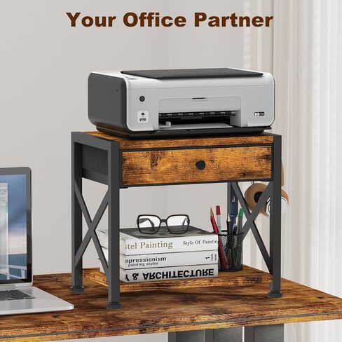 EasyCom 2-Tier Desktop Printer Stand with Large Drawer, Under Desk Printer Table with Wheels, Small Printer Shelf with Storage for Paper Storage Printer Scanner Fax Home Office Use Rustic Brown in Kuwait