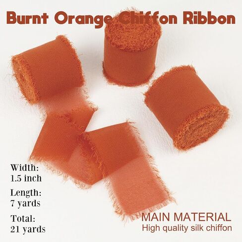 Burnt Orange Chiffon Ribbon 1-1/2 Inch x 21Yards Handmade Fringe Chiffon Silk Ribbon Boho Frayed Ribbon Burgundy Ribbon for Gift Wrapping, Wedding Invitation, Bridal Flower Bouquets in Kuwait