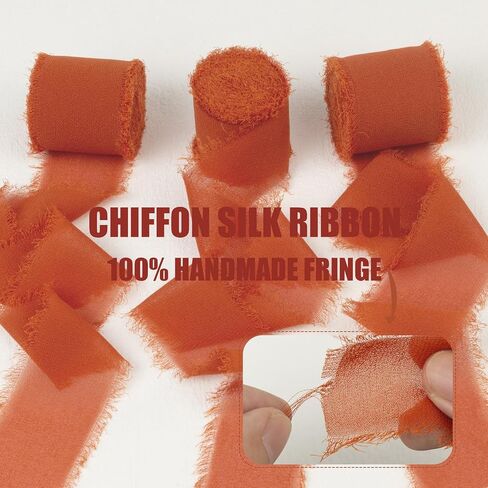 Burnt Orange Chiffon Ribbon 1-1/2 Inch x 21Yards Handmade Fringe Chiffon Silk Ribbon Boho Frayed Ribbon Burgundy Ribbon for Gift Wrapping, Wedding Invitation, Bridal Flower Bouquets in Kuwait