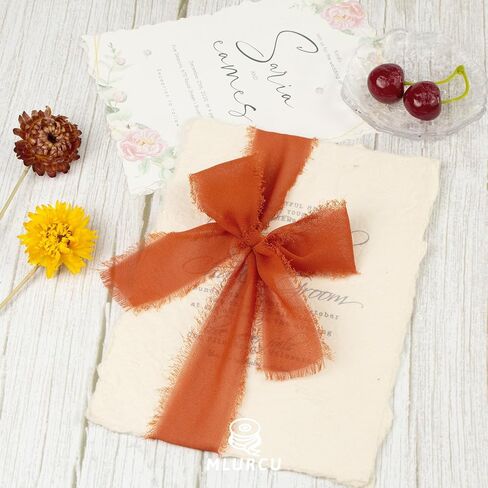 Burnt Orange Chiffon Ribbon 1-1/2 Inch x 21Yards Handmade Fringe Chiffon Silk Ribbon Boho Frayed Ribbon Burgundy Ribbon for Gift Wrapping, Wedding Invitation, Bridal Flower Bouquets in Kuwait