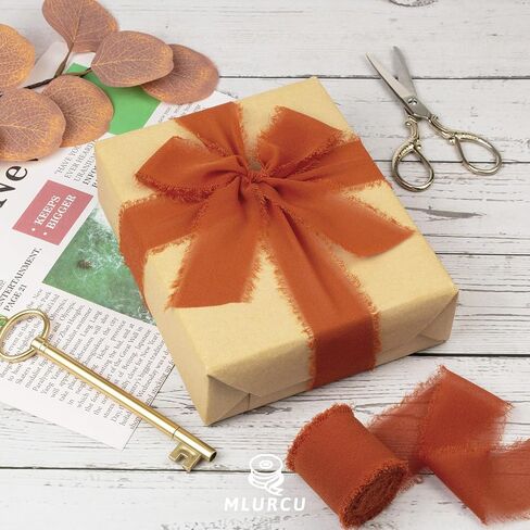 Burnt Orange Chiffon Ribbon 1-1/2 Inch x 21Yards Handmade Fringe Chiffon Silk Ribbon Boho Frayed Ribbon Burgundy Ribbon for Gift Wrapping, Wedding Invitation, Bridal Flower Bouquets in Kuwait