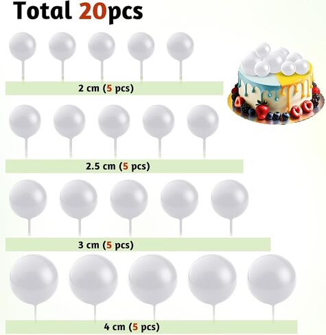 20 PCS كرات الكعكة زخارف أعلى ، البالونات الصغيرة البيضاء كب كيك أعلى القبعات الرغوة الكعكة العليا كرات 4 أحجام كعكة أعلى العصي كرات كعكة الزخارف لحفل عيد ميلاد الطفل دش الزفاف الديكور in Kuwait