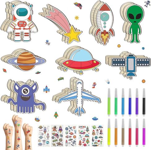 BAPHILE 44Pcs Outer Space Unfinished Wooden Cutouts Set, Wooden Crafts Planes Star Wood Pieces for Kid Home Decor Ornament DIY Craft Art Project in Kuwait