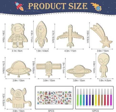 BAPHILE 44Pcs Outer Space Unfinished Wooden Cutouts Set, Wooden Crafts Planes Star Wood Pieces for Kid Home Decor Ornament DIY Craft Art Project in Kuwait