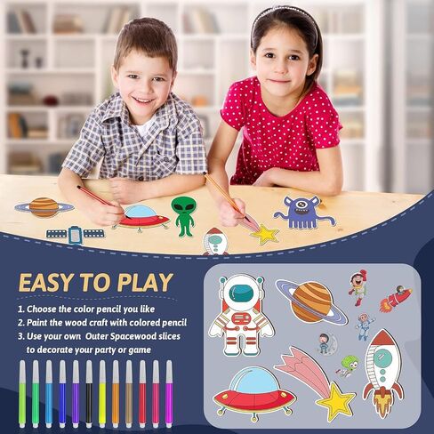 BAPHILE 44Pcs Outer Space Unfinished Wooden Cutouts Set, Wooden Crafts Planes Star Wood Pieces for Kid Home Decor Ornament DIY Craft Art Project in Kuwait