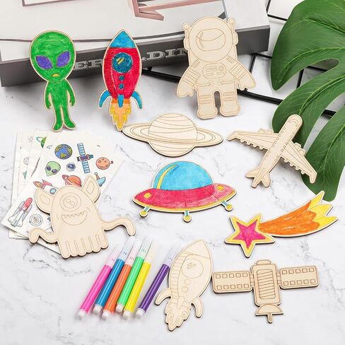 BAPHILE 44Pcs Outer Space Unfinished Wooden Cutouts Set, Wooden Crafts Planes Star Wood Pieces for Kid Home Decor Ornament DIY Craft Art Project in Kuwait