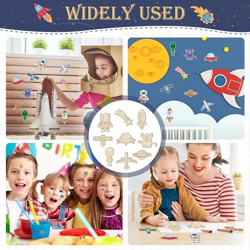 BAPHILE 44Pcs Outer Space Unfinished Wooden Cutouts Set, Wooden Crafts Planes Star Wood Pieces for Kid Home Decor Ornament DIY Craft Art Project in Kuwait