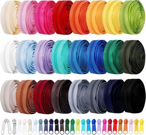 72 Yards 24 Colors #5 Nylon Zipper Rolls by The Yard with 3 Styles 260pcs Sliders,Continuous Zipper Tape for Sewing Projects,Bags,Jackets,and Crafts(24 Assorted Colors, #5) in Kuwait