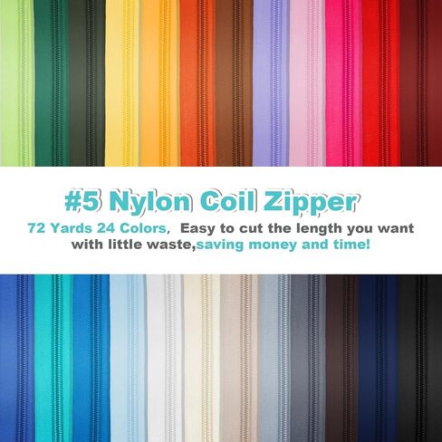 72 Yards 24 Colors #5 Nylon Zipper Rolls by The Yard with 3 Styles 260pcs Sliders,Continuous Zipper Tape for Sewing Projects,Bags,Jackets,and Crafts(24 Assorted Colors, #5) in Kuwait