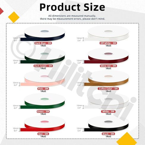 Hilitchi 10 Rolls 3/8" Wide Nylon Vintage Ribbons Spools 10 Colors Single Face Ribbon Trimming Ribbon Fabric Ribbon Trim for Gift Wrapping Wedding Bouquet Decoration Total 295 Yards in Saudi Arabia