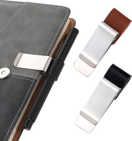 2 Pcs Pen Loop for Notebook, PU Leather Retro Pen Clips Metal Pen Loop Holder Notebook Pen Sleeve Pen Clips for Journal Notebook Planner Clipboard Office (Black Silver + Brown Gold) in Saudi Arabia
