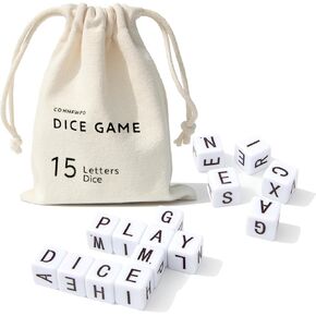 Crossword Solitaire Dice Game, Fifteen Dice Contains All The Letters Word Spelling Game in a Travel-Ready Canvas Pouch, Dice Games for Gatherings Family Night Festive Parties & On-The-Go Fun