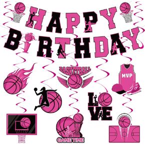 Pink Basketball Birthday Party Decorations Black Pink Basketball Happy Birthday Banner Hanging Swirls for Girls Women Sports Theme Bday Baby Shower Party Supplies