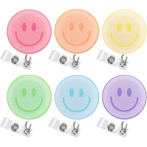 Whaline 6Pcs Pastel Smile Badge Reel with Clips and Retractable Cord Happy Face ID Badge Reel Name Tag Badge Holder for Office Hospital Teachers Favor
