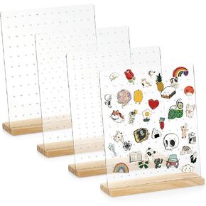 JUXYES Pack of 2 Clear Acrylic Enamel Pin Display Stand with Walnut Base, Tabletop Pin Organizer Display Storage Stand, Enamel Pin Display Holder for Award Badges Pins Collectible, hold Up To 132 Pins