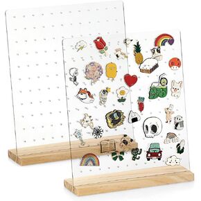JUXYES Pack of 2 Clear Acrylic Enamel Pin Display Stand with Walnut Base, Tabletop Pin Organizer Display Storage Stand, Enamel Pin Display Holder for Award Badges Pins Collectible, hold Up To 132 Pins in Kuwait