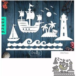 Sea View Cutting Dies Sailing Sea Waves Lighthouse Seagull Die Cuts Stencils Embossing Paper Dies for DIY Scrapbooking Album Arts Crafts Decoration Photo Stamps
