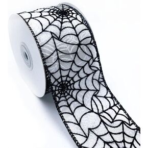 Designer’s Shop Halloween Wired Edge Ribbon 2.5" x 10 Yard for DIY Crafting, Home Décor (Spider Web- Black-White) WR 63-5113 Black Spider Web on White Satin Ribbon