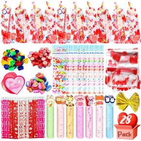 UMEELR 28 Pack Stationery Gift Set, Include Pencil Eraser Sharpener Ruler Stamper Foam Sticker Greeting Card for Kids School Classroom Prize