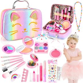 Kids Makeup Kit for Girl, Kids Washable Makeup Girls Toys, Girls Makeup Kit for Kids with Cute Cat Bag, Real Make up Set for Kid Little Girls Toddlers Princess Christmas Birthday Gifts Age 3-6-8-10-12