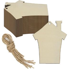 20pcs House Shaped Wood DIY Craft Cutouts Unfinished Wood with Ropes Home Wooden Tags Ornaments Decoration