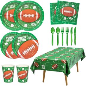 DECORLIFE Football Party Supplies Kits Serves 24, Football Themed Plates and Napkins Includes Tablecloths, Cups for Football Birthday Party totally 169 PCS