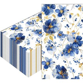 40PCS Blue and White Paper Napkins Flowers Paper Napkins Disposable Blue and White Napkins Guest Napkins Decorative Hand Napkin for Bathroom Wedding Baby Shower Powder Bathroom Party Decoration