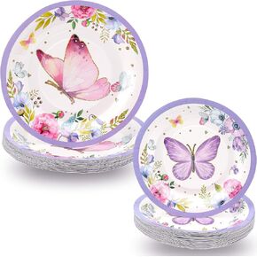 72 Pieces Butterfly Birthday Party Supplies Paper Plates Bulk, Butterfly Elephant Checkered Themed Party Favors Decoration, 9 Inch 7 Inch Disposable Plates Baby Shower for Tableware (Butterfly)